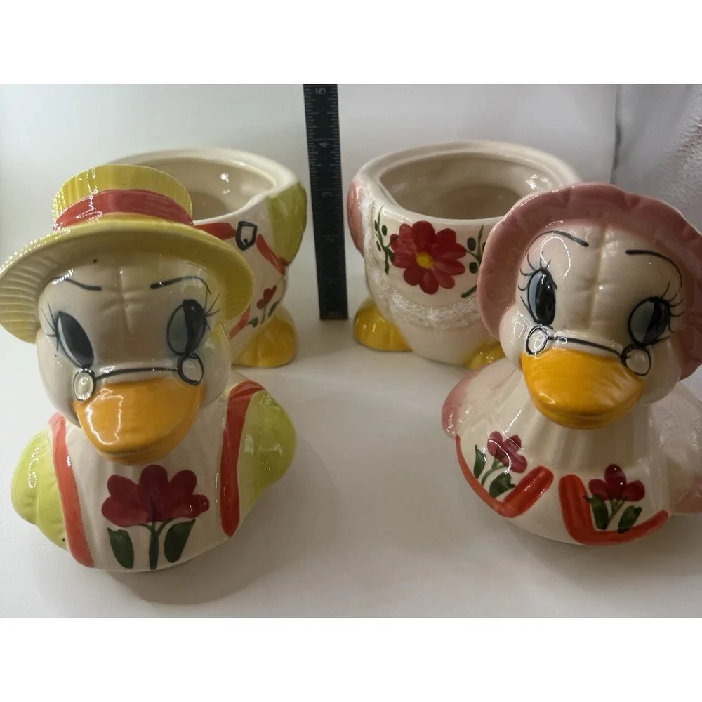 Vintage Duck Canister Cookie Jar Country Cottage Ceramic Mom Dad Ducks Lace Set
